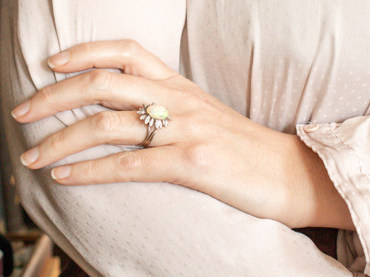 Floral Opal and Diamond Halo Cocktail Ring