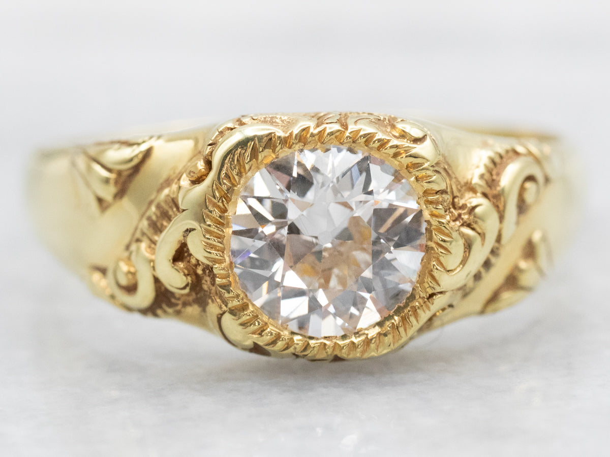 Ornate Scrolling Gold Old Mine Cut Diamond Solitaire Engagement Ring