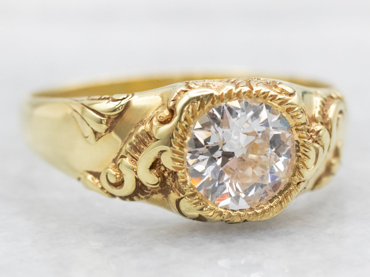 Ornate Scrolling Gold Old Mine Cut Diamond Solitaire Engagement Ring