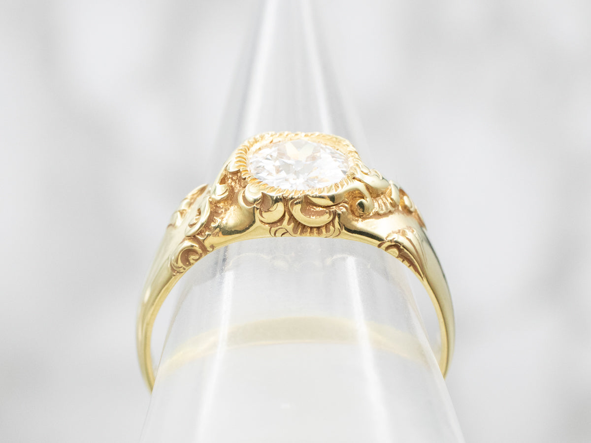 Ornate Scrolling Gold Old Mine Cut Diamond Solitaire Engagement Ring