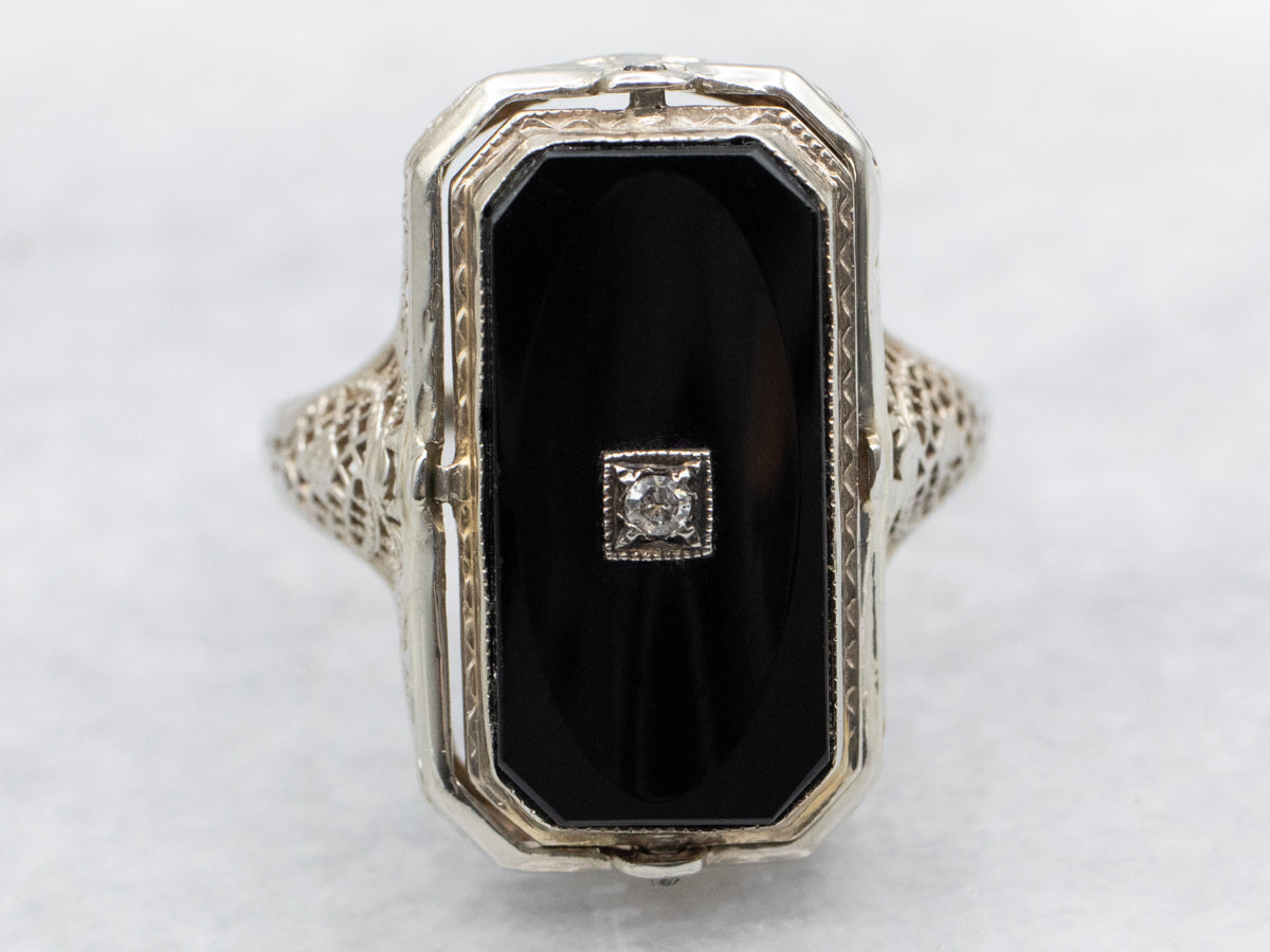 Anillo tipo flip de diamantes y ónix negro de dos tonos