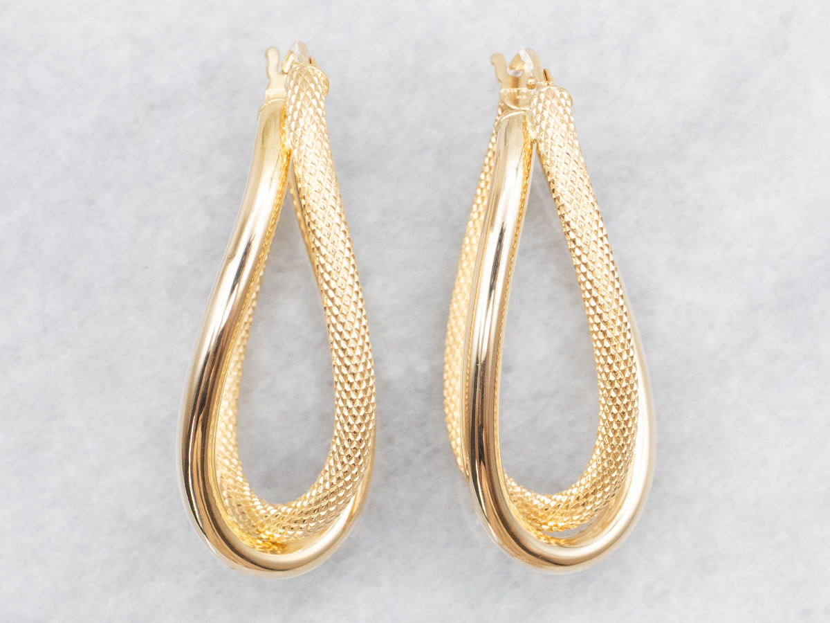 Textured Italian Gold Double Hoop Drop Earrings