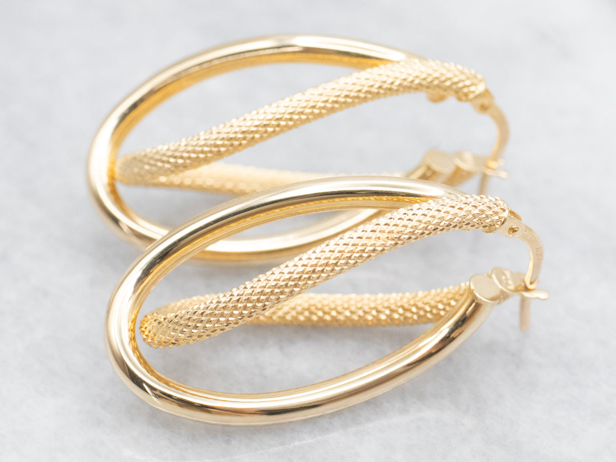 Textured Italian Gold Double Hoop Drop Earrings