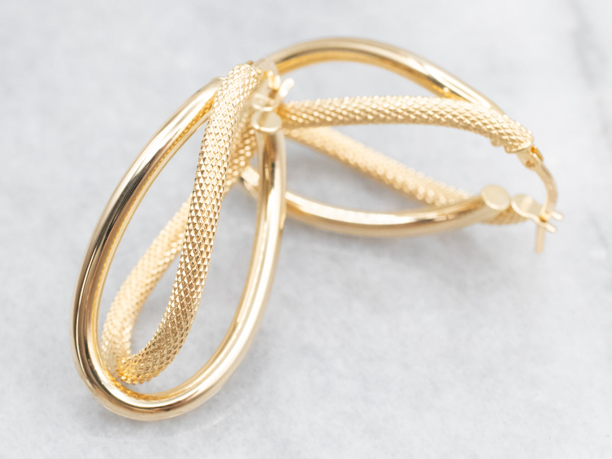 Textured Italian Gold Double Hoop Drop Earrings