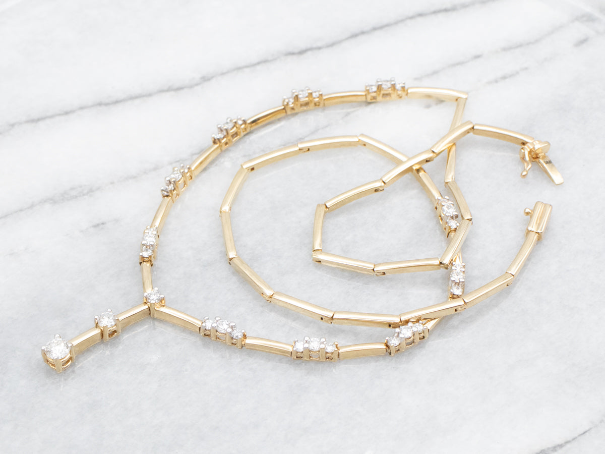 Sleek Gold Bar-Link Diamond Drop Necklace