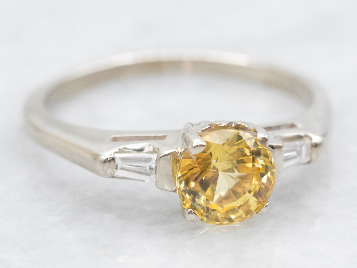 1950s Retro Yellow Sapphire and Baguette Diamond Engagement Ring