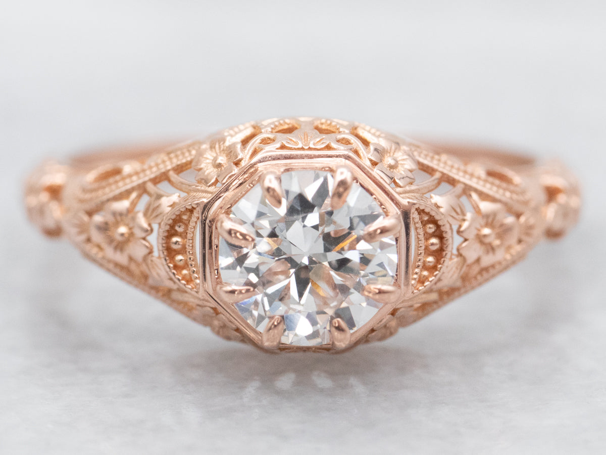 Rose Gold European Cut Diamond Filigree Engagement Ring