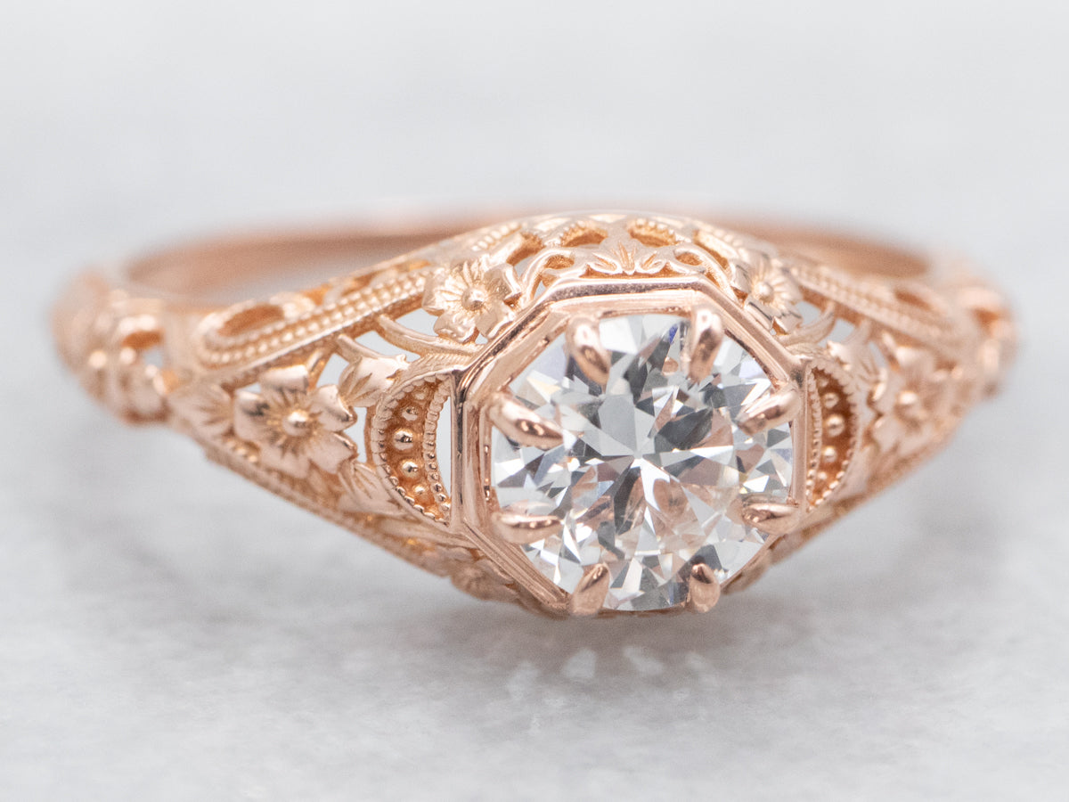 Rose Gold European Cut Diamond Filigree Engagement Ring