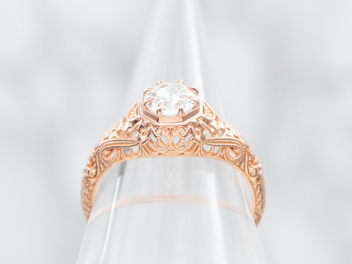 Rose Gold European Cut Diamond Filigree Engagement Ring