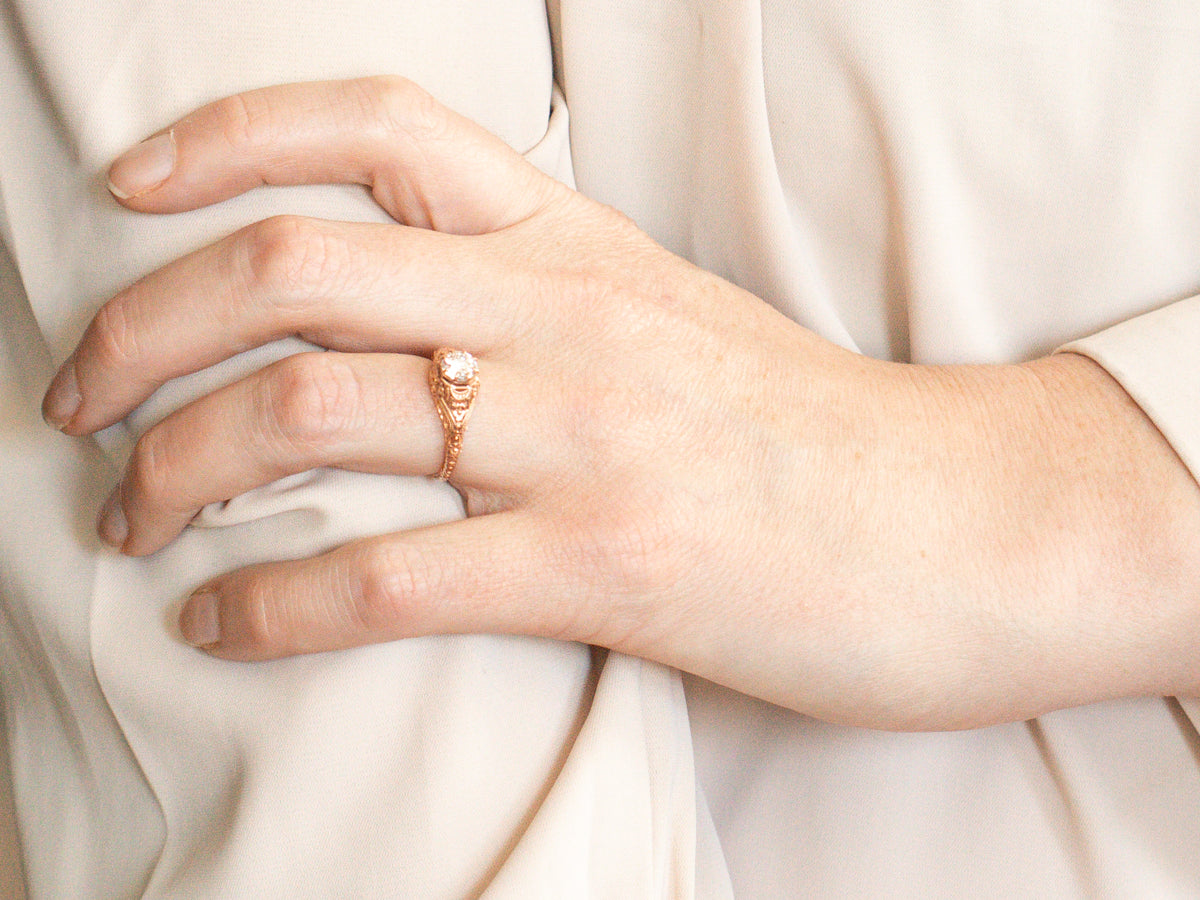 Rose Gold European Cut Diamond Filigree Engagement Ring