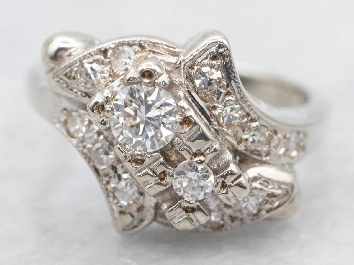 1950&#39;s White Gold Diamond Bypass Ring