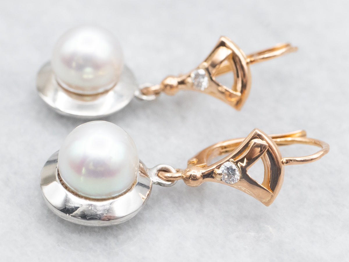 Mixed Metal Saltwater Pearl and Diamond Drop Earrings