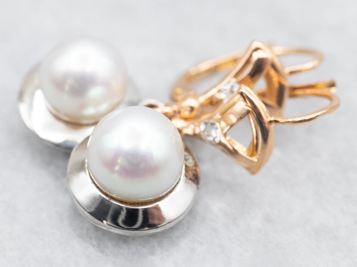 Mixed Metal Saltwater Pearl and Diamond Drop Earrings