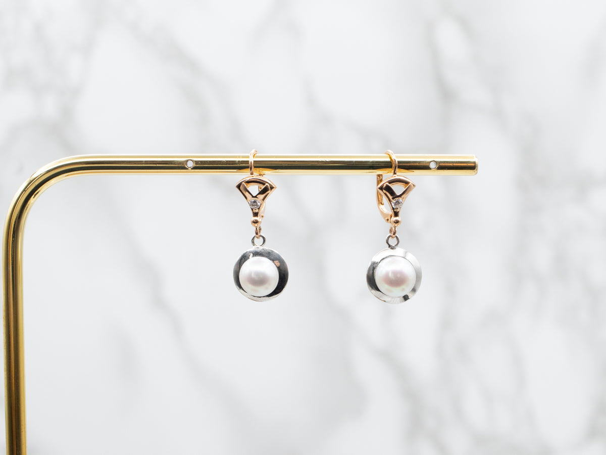 Mixed Metal Saltwater Pearl and Diamond Drop Earrings