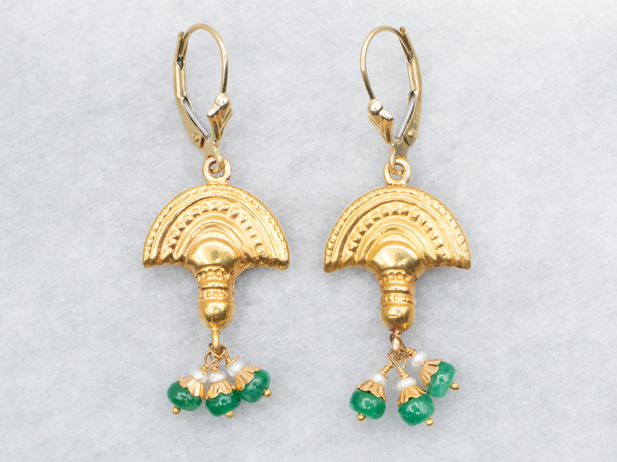 Yellow Gold Drop Earrings with Emerald and Seed Pearl Accents