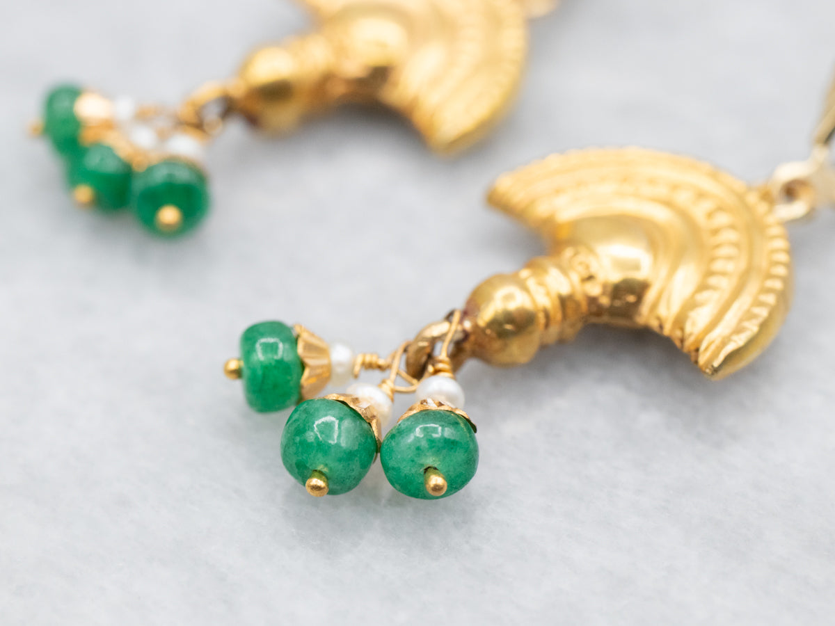 Yellow Gold Drop Earrings with Emerald and Seed Pearl Accents