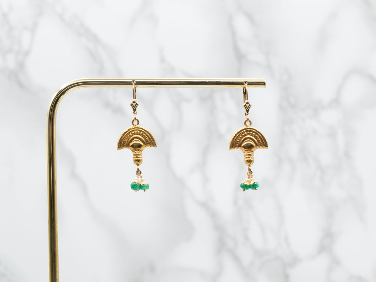 Yellow Gold Drop Earrings with Emerald and Seed Pearl Accents