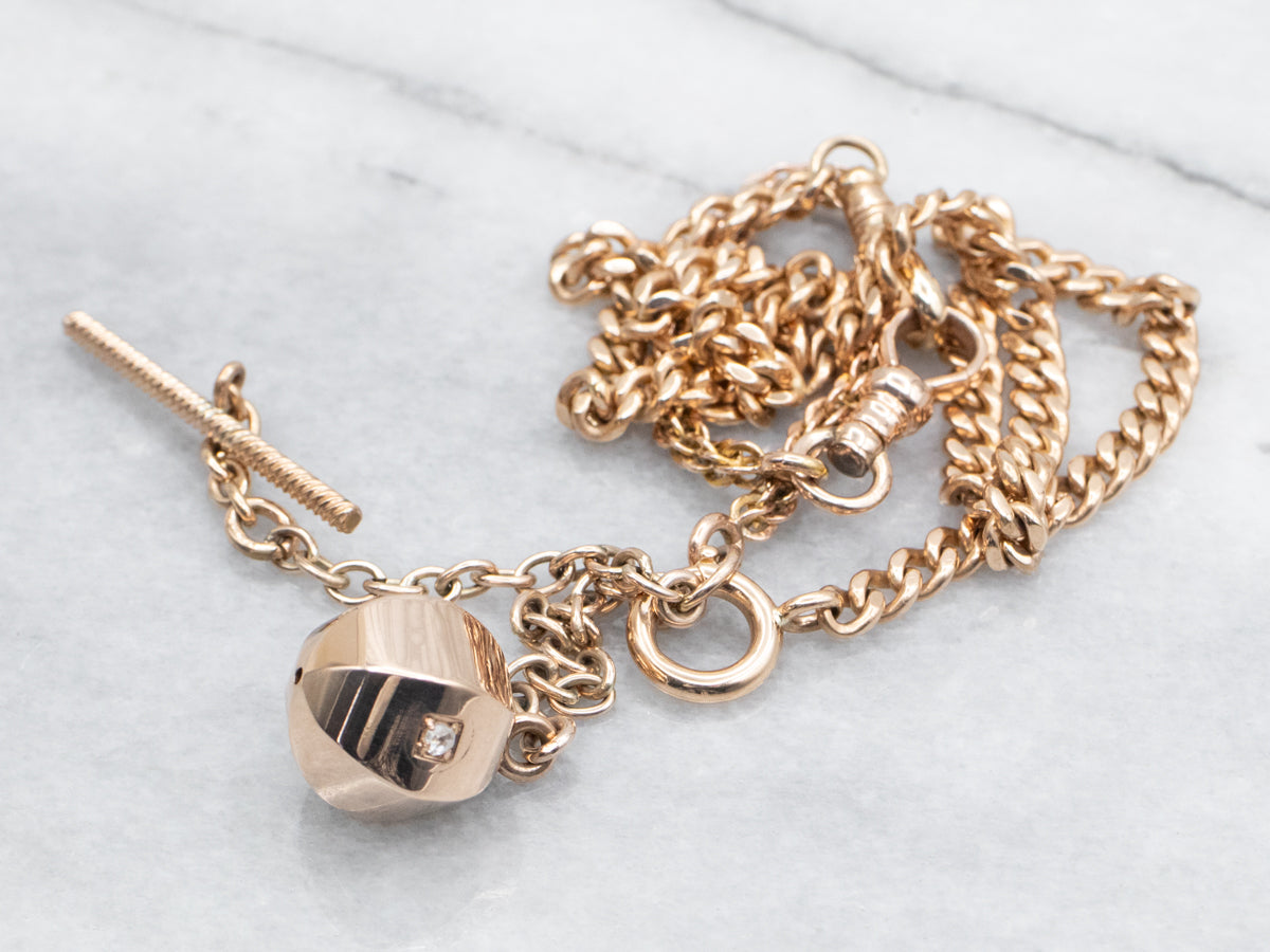 Rose Gold Pocket Watch Chain with Diamond Accents on Fob
