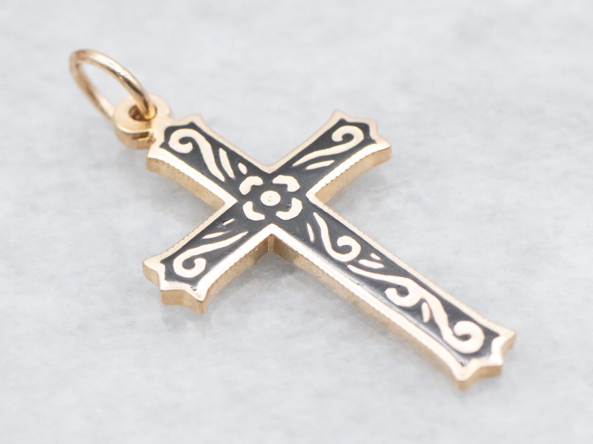 Black Enamel Floral Vintage Cross Pendant