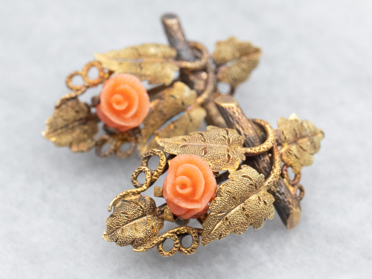 Art Nouveau Leaf and Coral Flower Earrings