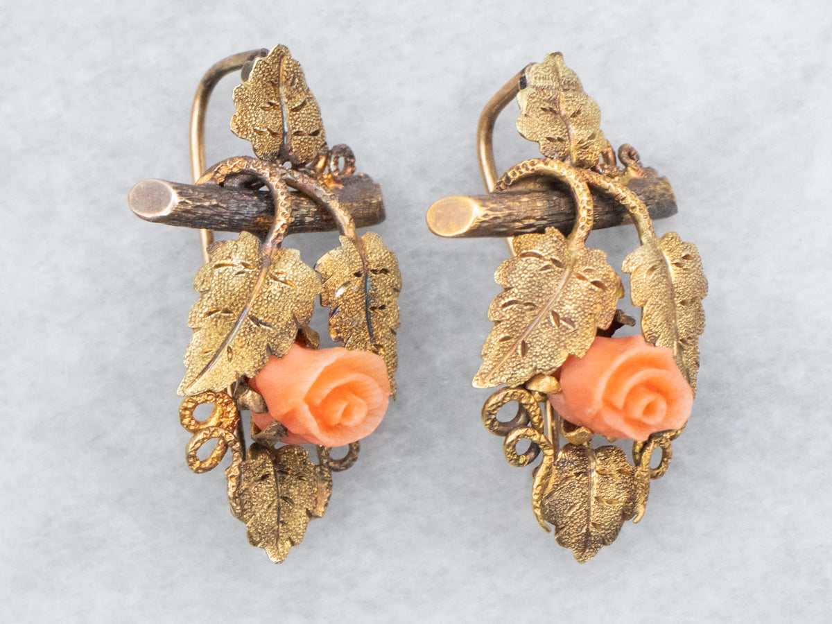 Art Nouveau Leaf and Coral Flower Earrings