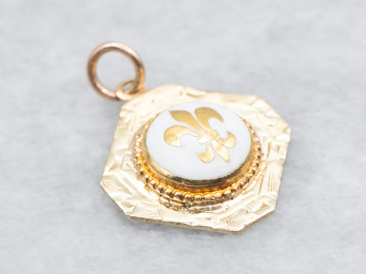 Gold and Enamel Fleur de Lis Pendant