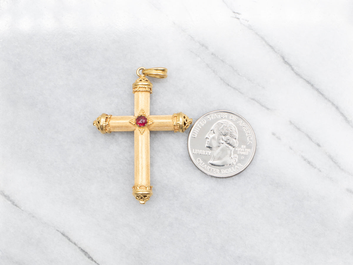 Vintage Textured Cross Pendant with Garnet Cabochon