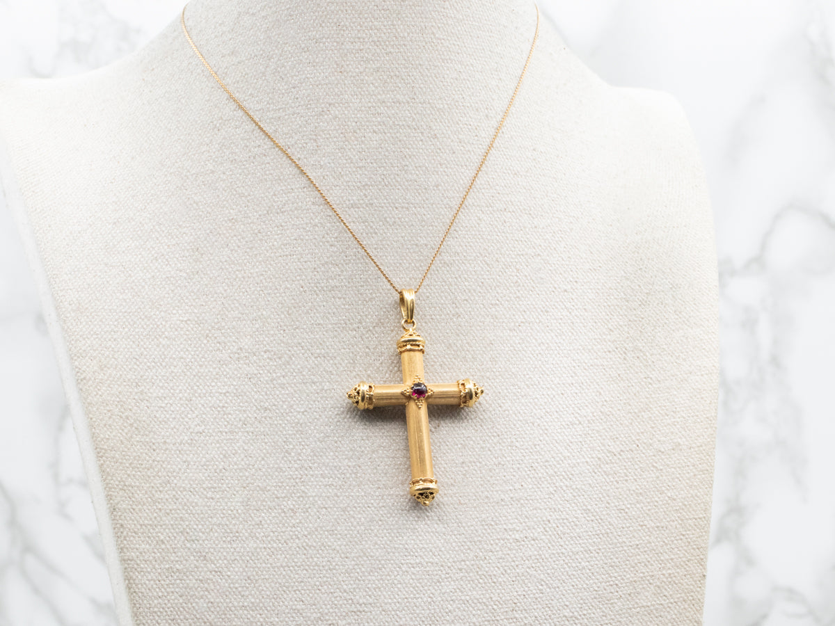 Vintage Textured Cross Pendant with Garnet Cabochon