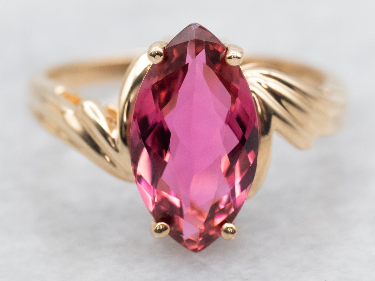 Stone on Stone Ring - Pink on Pink - Marquise Cut Pink Rubellite Tourmaline w/Twisted Brass Bezel on Pink Chalcedony Band - US store size 8 1/2