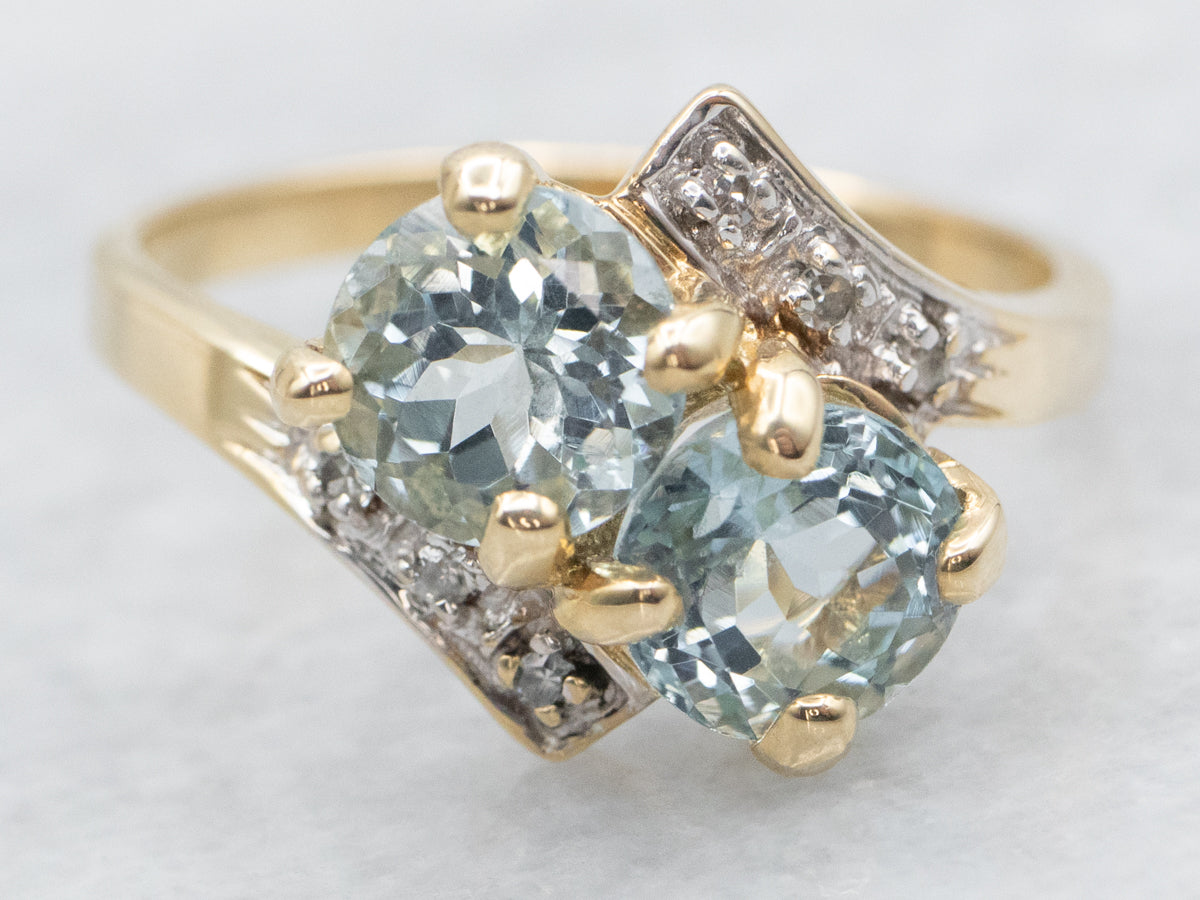 Retro Aquamarine and Diamond Toi et Moi Bypass Style Ring