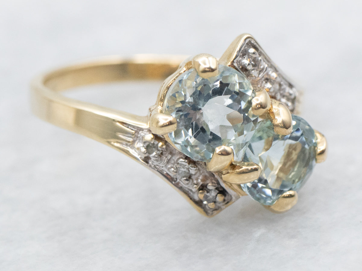 Retro Aquamarine and Diamond Toi et Moi Bypass Style Ring