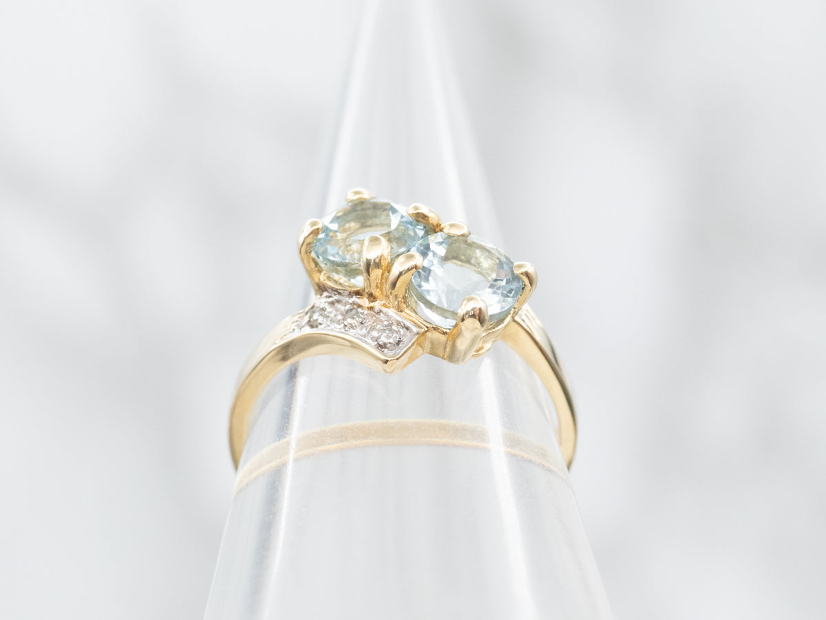 Retro Aquamarine and Diamond Toi et Moi Bypass Style Ring