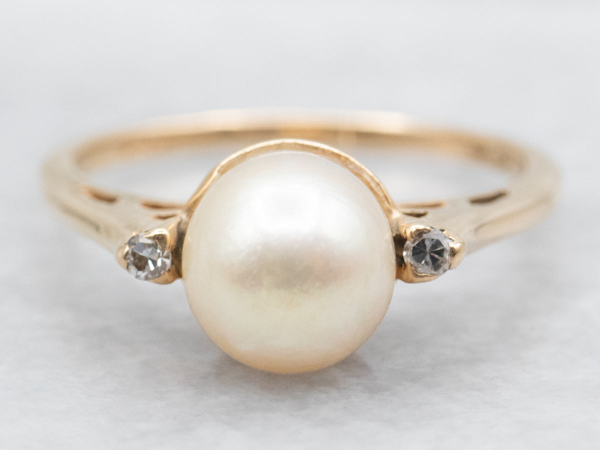 Three Stone Saltwater Pearl and Diamond Ring