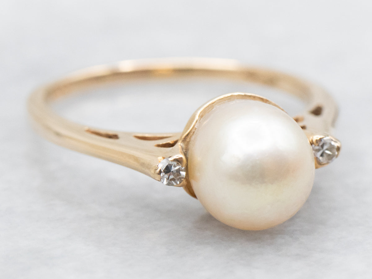 Three Stone Saltwater Pearl and Diamond Ring