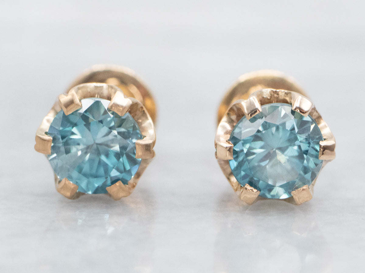 Screwback Blue Zircon Stud Earrings in Gold Buttercup Setting