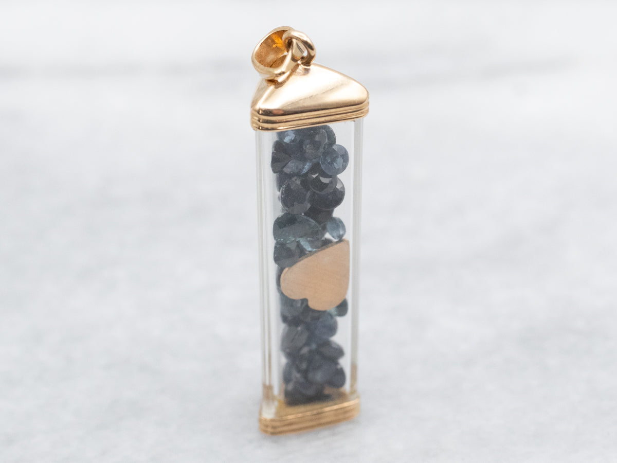 Faceted Sapphires and Gold Heart Vial Pendant