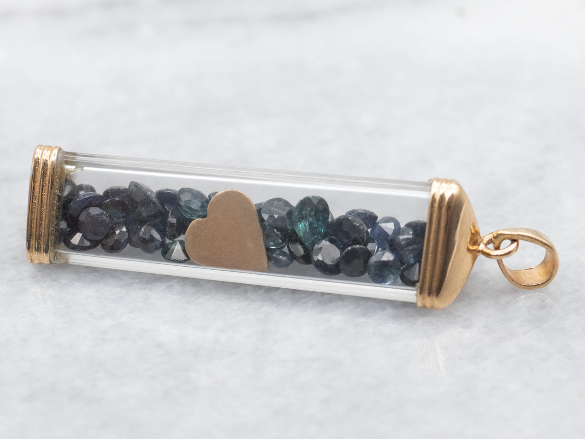 Faceted Sapphires and Gold Heart Vial Pendant