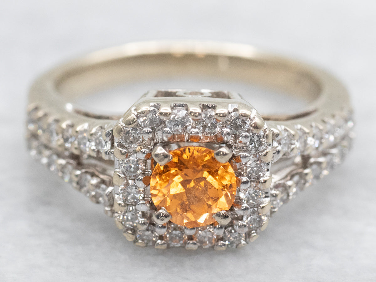 Modern Spessartite Garnet Diamond Halo Ring