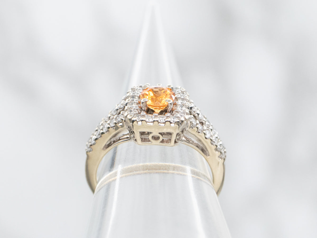 Modern Spessartite Garnet Diamond Halo Ring