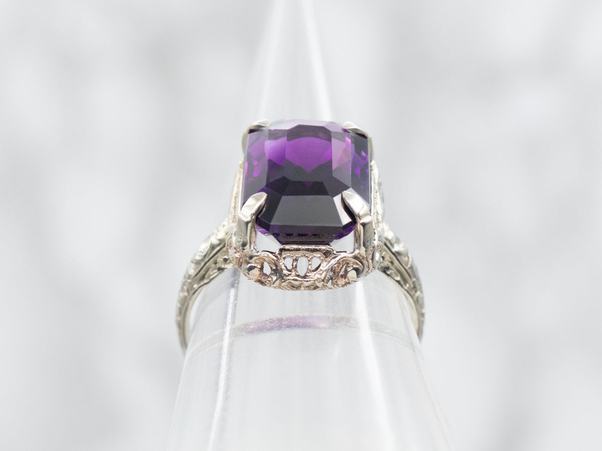 Antique Art Deco Amethyst Solitaire Filigree Ring