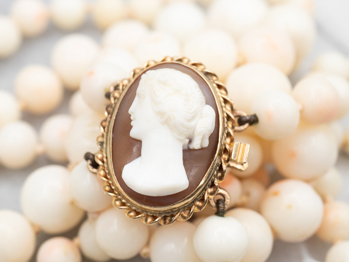 Double Stand White Coral Necklace with Cameo Clasp