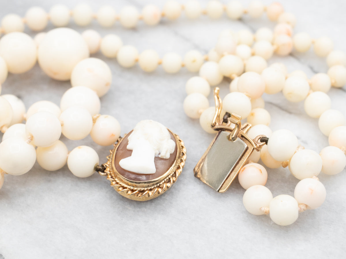 Double Stand White Coral Necklace with Cameo Clasp