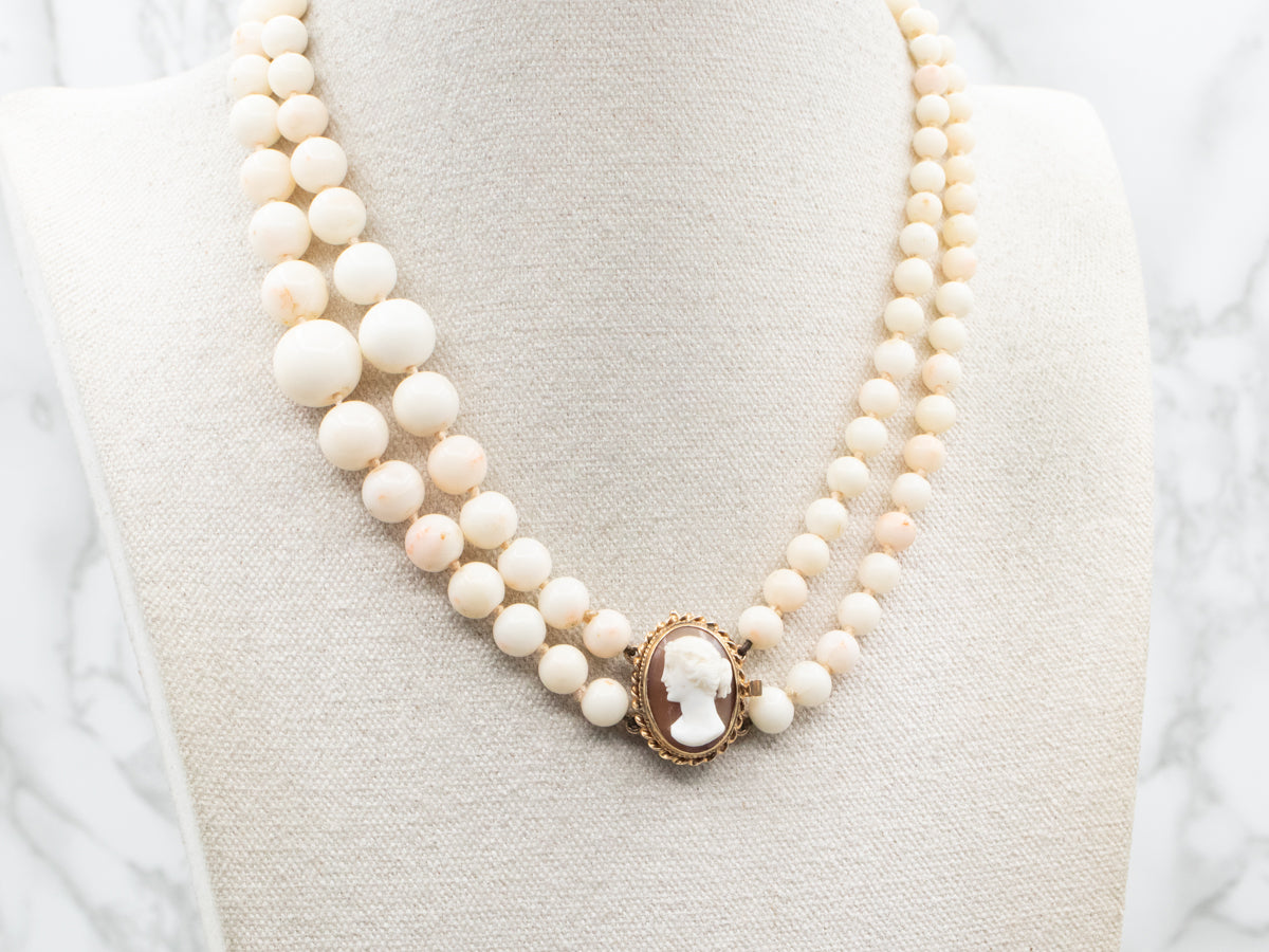 Double Stand White Coral Necklace with Cameo Clasp