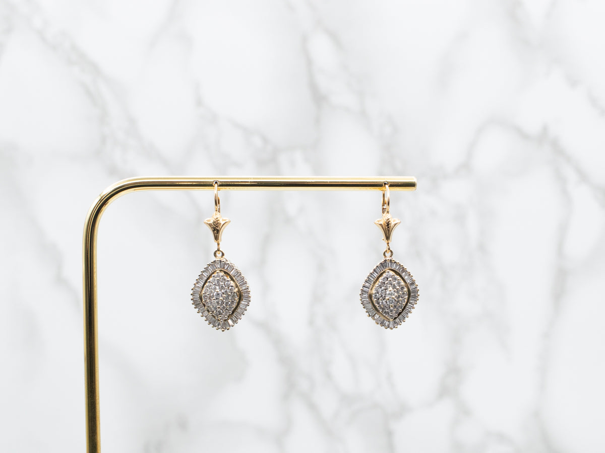 Baguette and Round Brilliant Diamond Cluster Drop Earrings