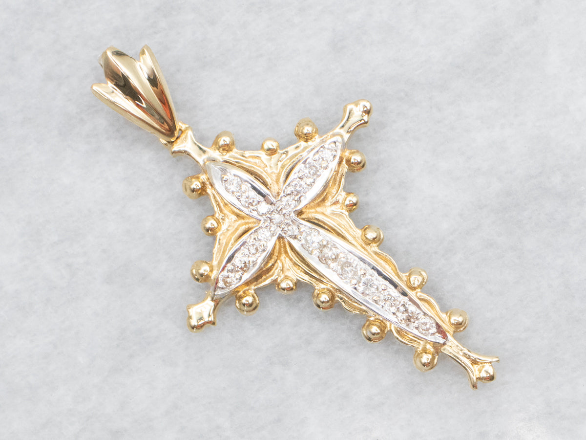 Two Tone Ornate Gold and Diamond Cross Pendant