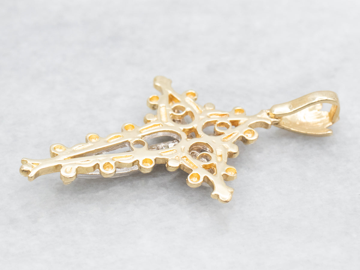 Two Tone Ornate Gold and Diamond Cross Pendant