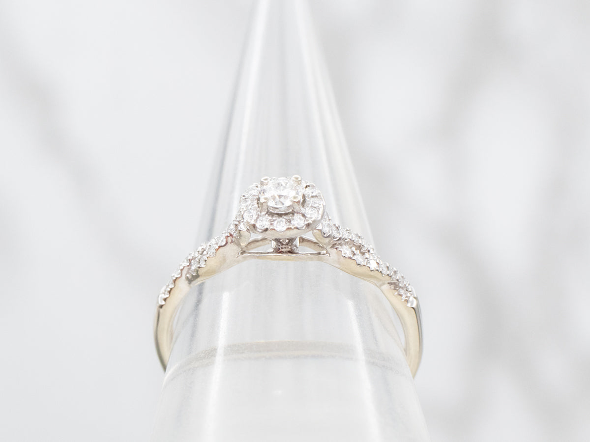 Twisting Modern Gold Diamond Halo Engagement Ring