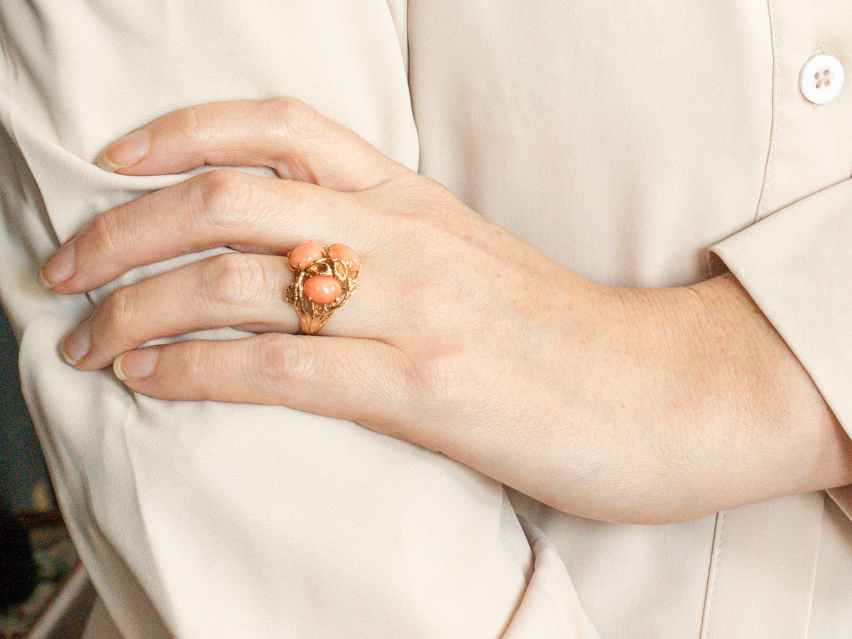 Vintage Botanical Gold Coral Cocktail Ring