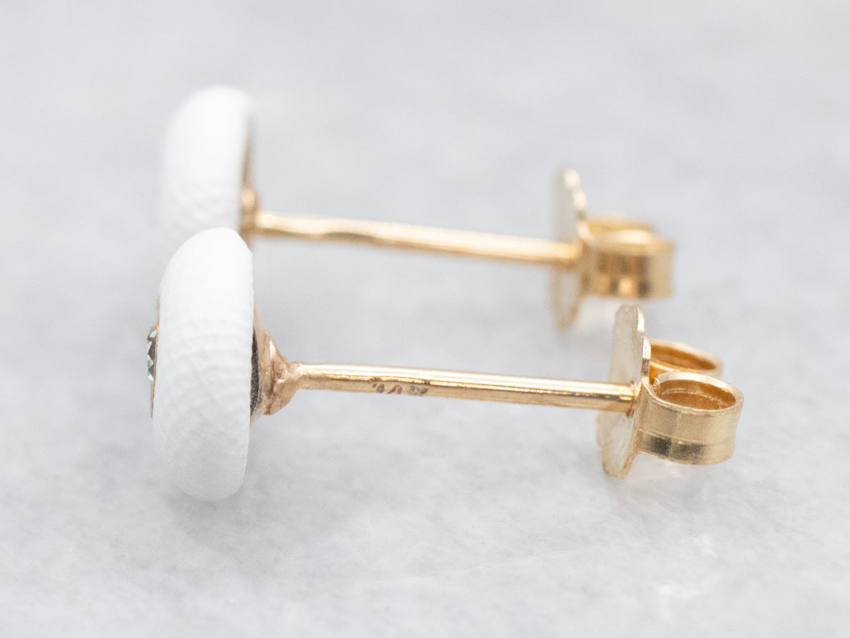 Vintage Old Mine Cut and White Enamel Stud Earrings