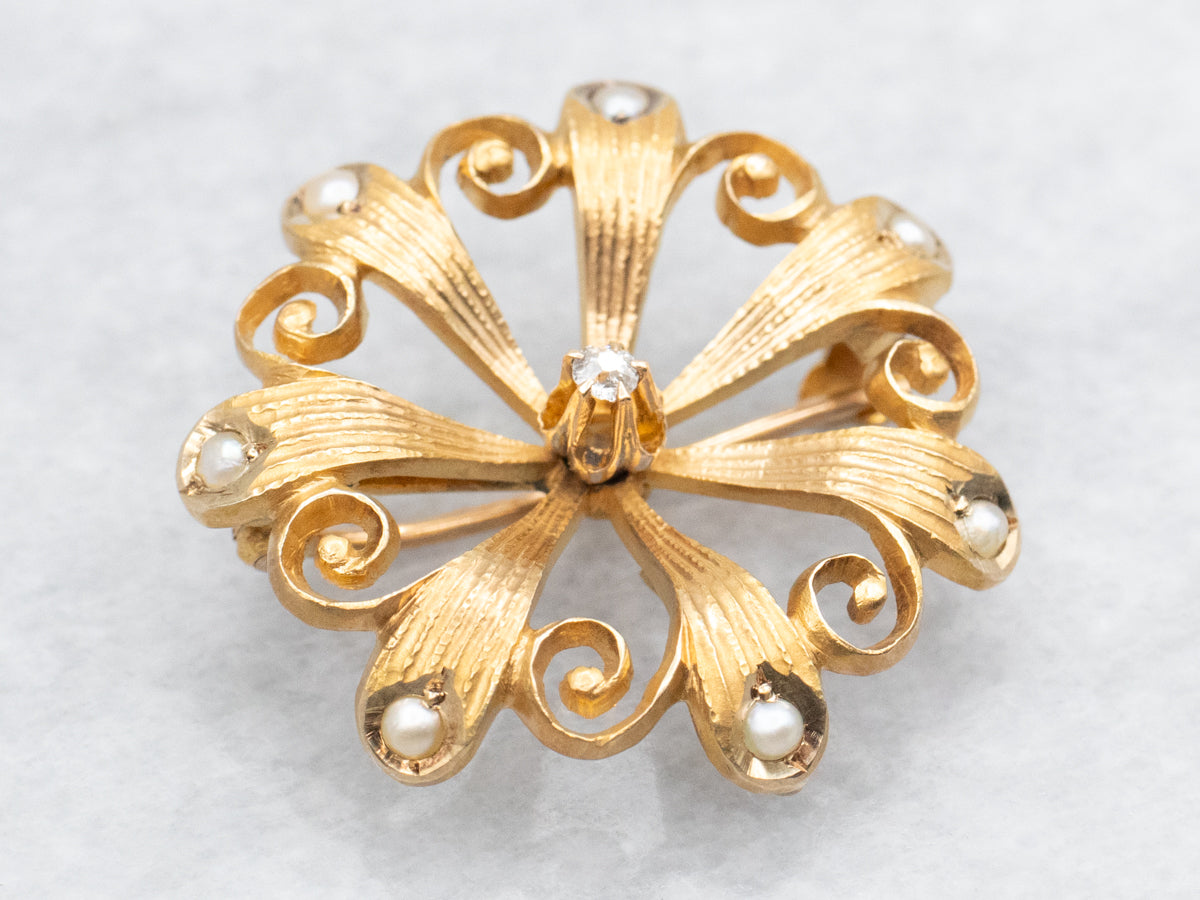 Victorian Old Mine Cut Diamond and Seed Pearl Brooch